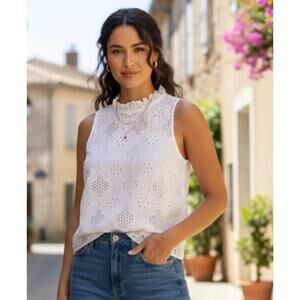 J.CREW Fleur Ruffle Mock Neck Eyelet Top White Sleeveless Blouse Size Small